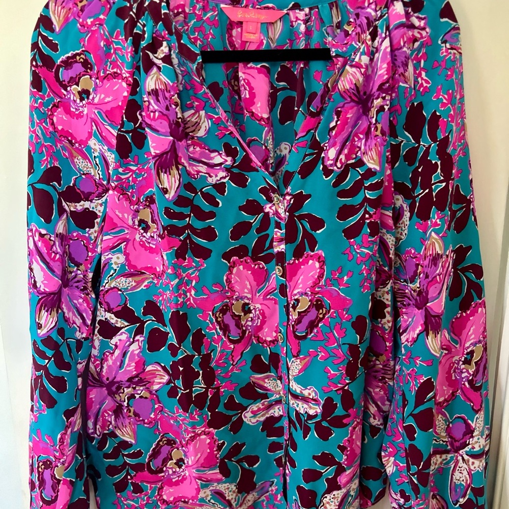 Lilly Pulitzer Vibrant Pink and Teal Floral Blouse